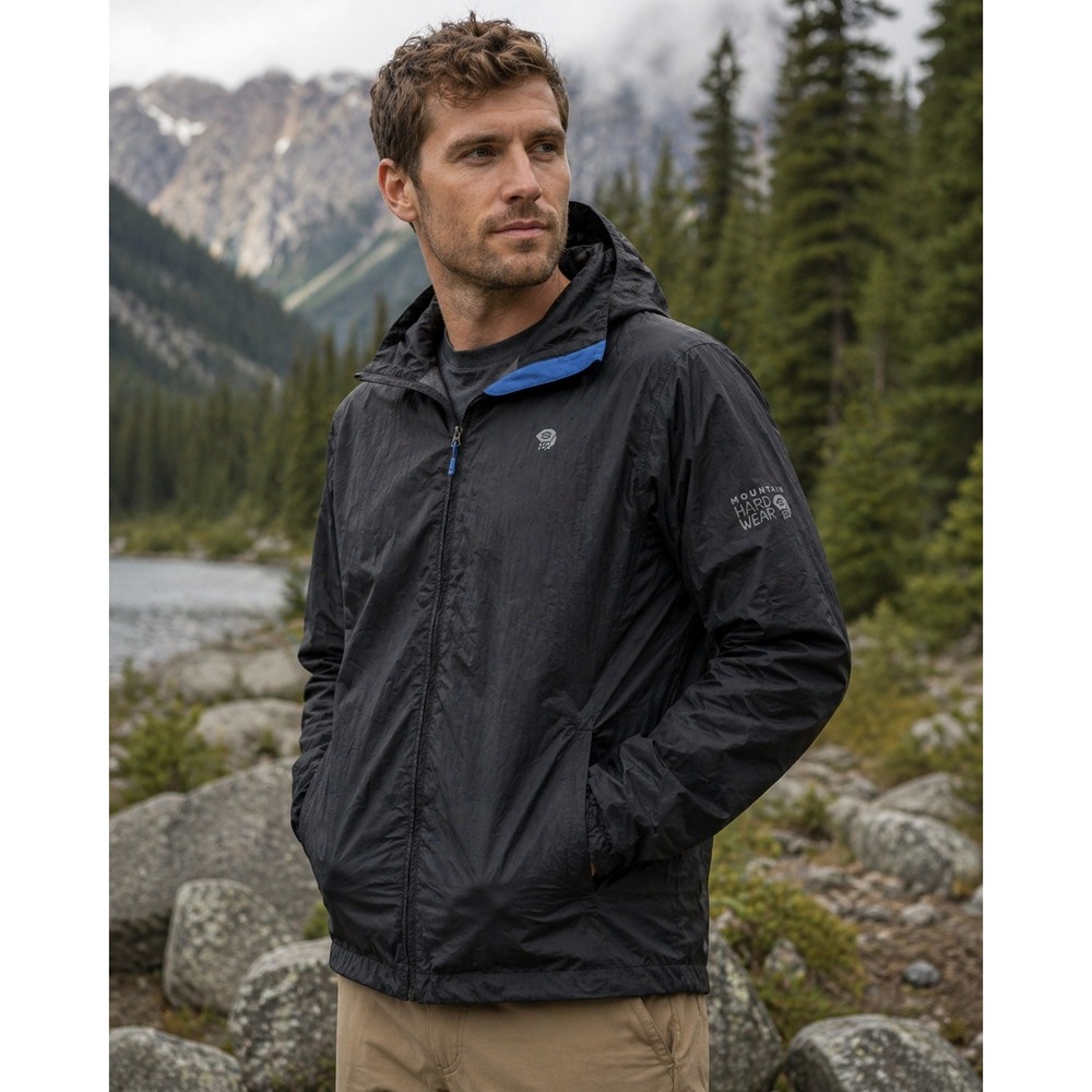 Mountain Hardwear Men Medium Faded Black Rain Jacket Hooded Zip Waterproof Light